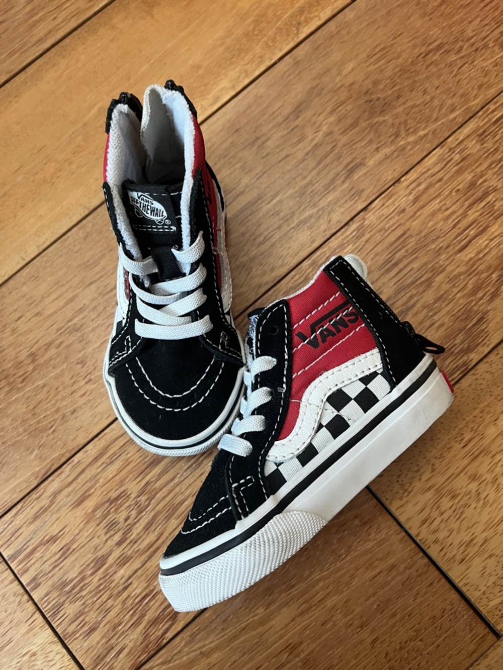 Vans Red, Black & White Checkerboard Sk8-Hi toddler sneakers